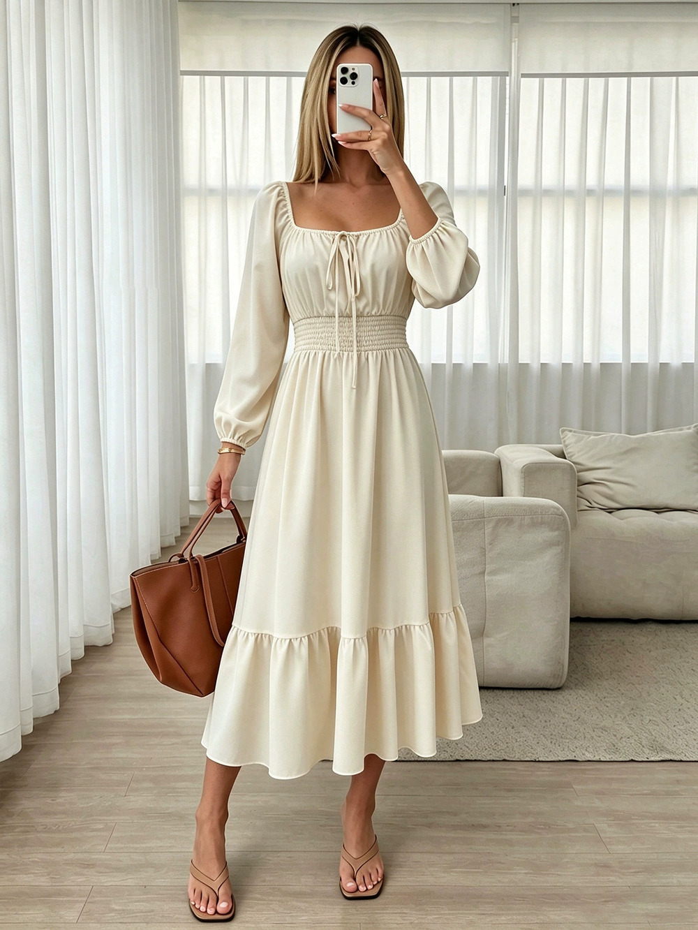 ZARA Square Neck Long Puff Sleeve Tie Waist Ruffle Hem Maxi Dress Slimming